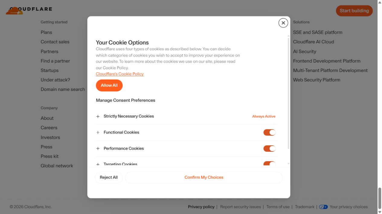 Cloudflare's Your Cookie Options dialog with necessary, functional, performance, and targeting categories plus Reject All and Confirm My Choices.