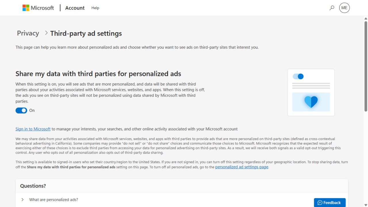 Microsoft's Third-party ad settings page showing a control for sharing data with third parties for personalized ads.