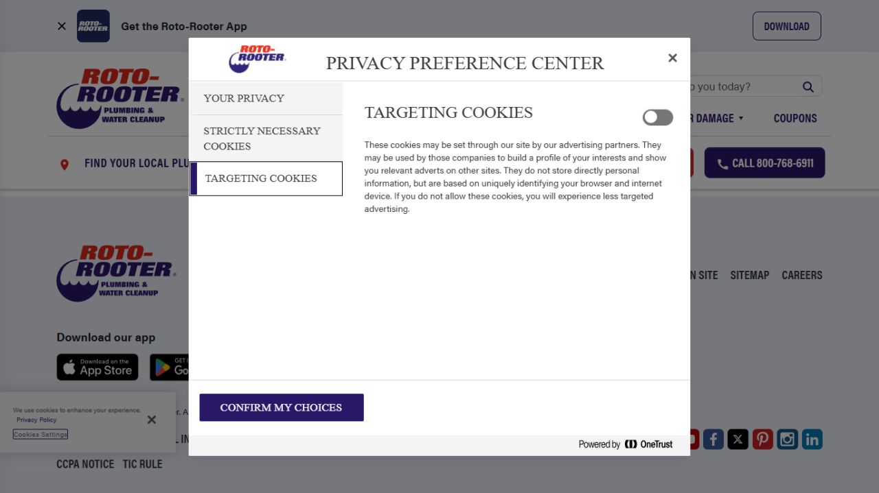 Roto-Rooter's privacy preference center with the Targeting Cookies category and Confirm My Choices button.