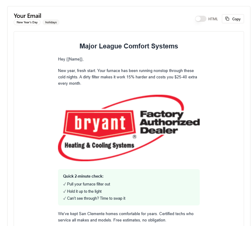 Email Crafter - finished New Year's email with company branding