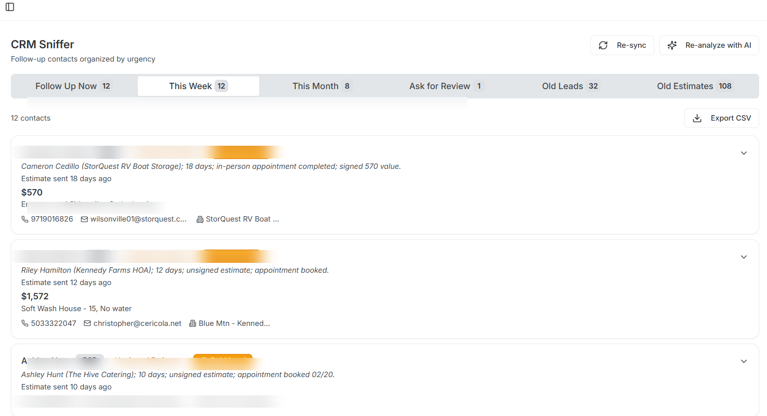 LeakFinder CRM Sniffer - contacts sorted by follow-up urgency