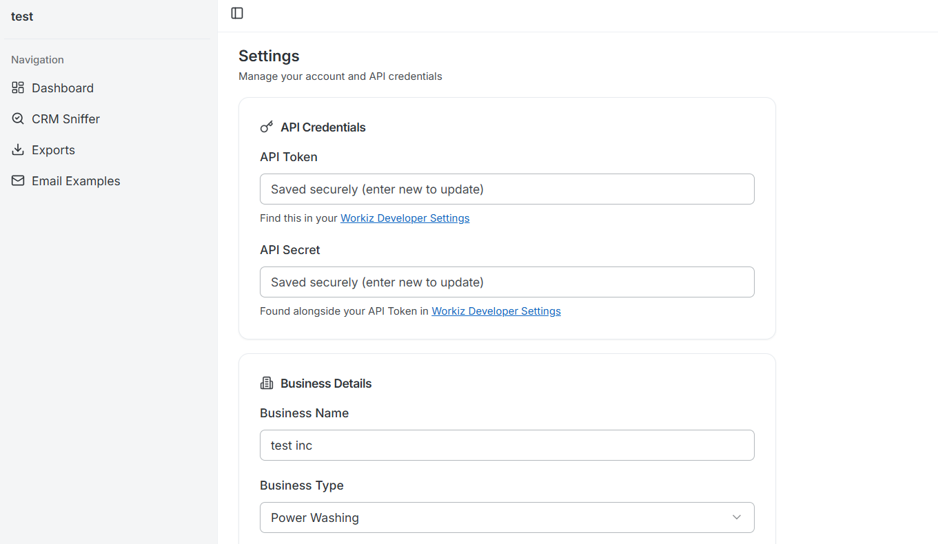 LeakFinder settings - connect your Workiz API credentials